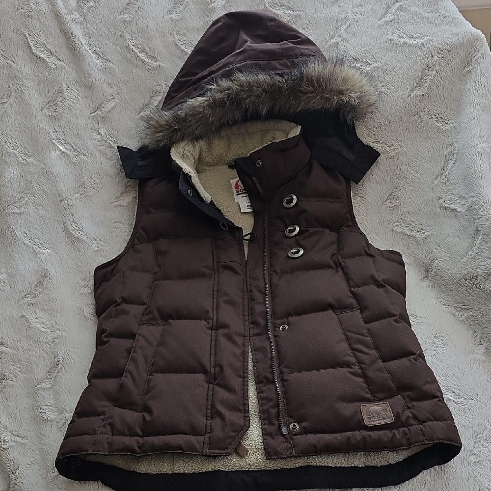 Sorel Brown and Cream Puffer Vest with Faux Fur